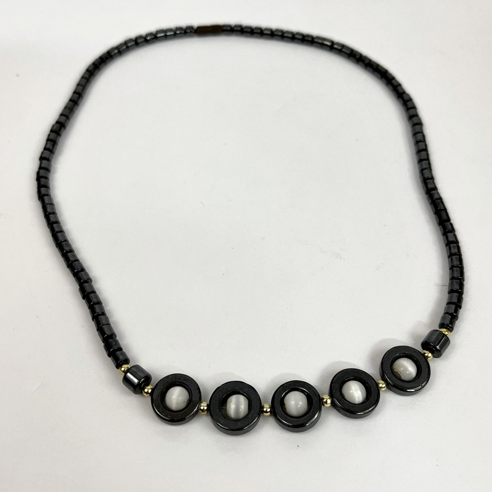 Handmade Hematite Necklace With White Clear Tiger Eye Accent Stones